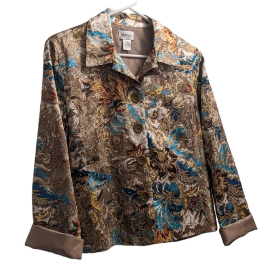 Chico's Gold Floral Button Down Jacket 1 (M/8)